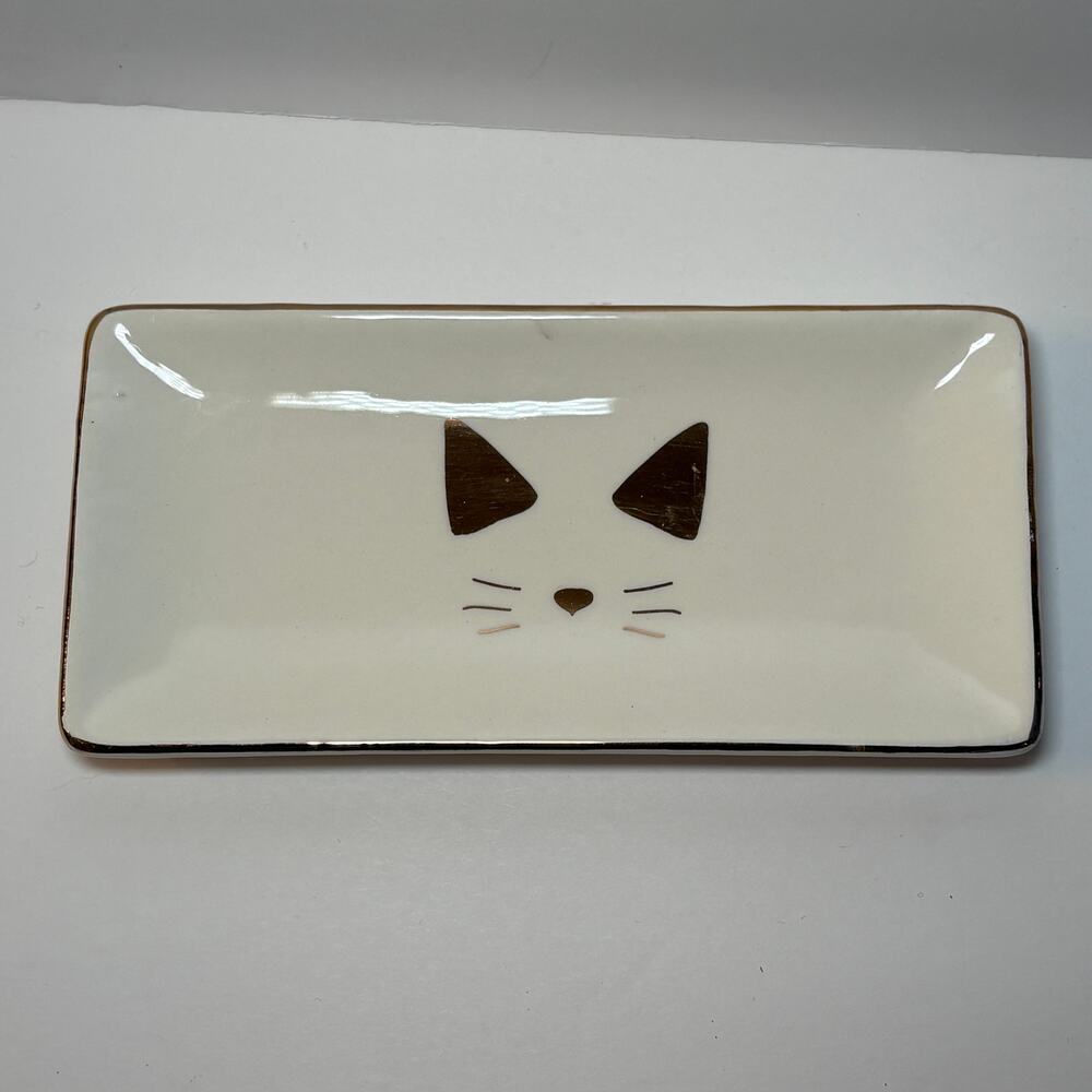 Cat Themed White & Gold Trinket Jewelry Dish Rectangular Ever Ellis